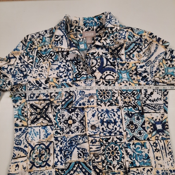 Chico's Size 2 Button Up Blazer Jacket Blue White Medallion 3/4 Sleeve Sz L Arts - Picture 10 of 14
